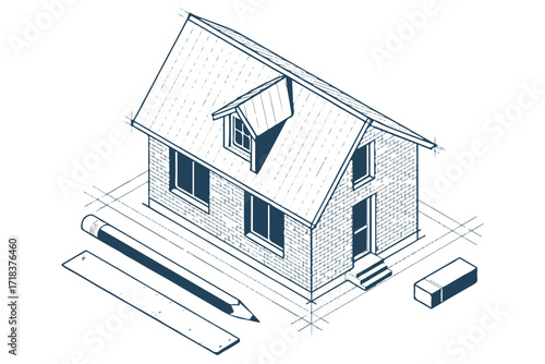 architectural blueprint vector residential home with pencil ruler eraser perspective guidelines for engineering design