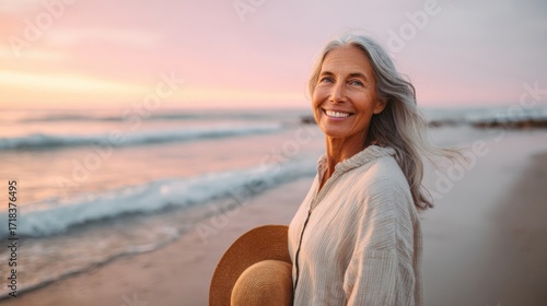Smiling elderly woman enjoying sunset on beach holding wide-brimmed hat in peaceful coastal setting.