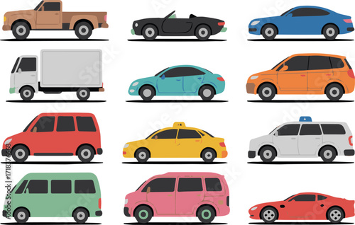 editable ai vector collection of diverse transportation vehicles cars trucks suvs vans taxis and sports cars