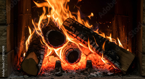 A close view of logs burning brightly in a warm and cozy fireplace
