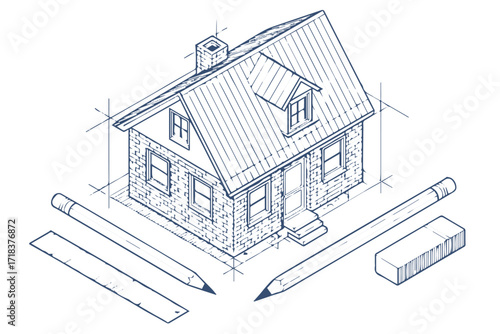 high quality isometric blueprint vector showing architectural house elevation steps door windows with drafting tools