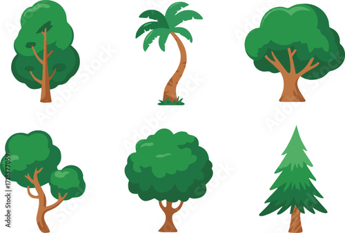cartoon tree icon pack vector art six styles including palm oak pine fir bush ai eps jpeg png for game and web design