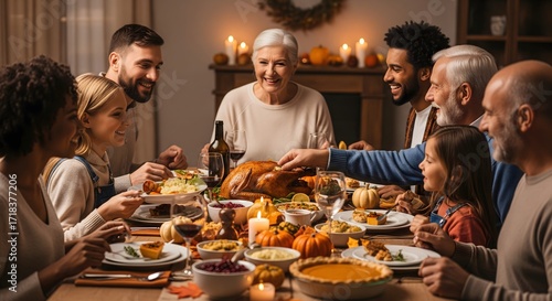Multi-Generational Family Enjoying a Festive Thanksgiving Dinner Together