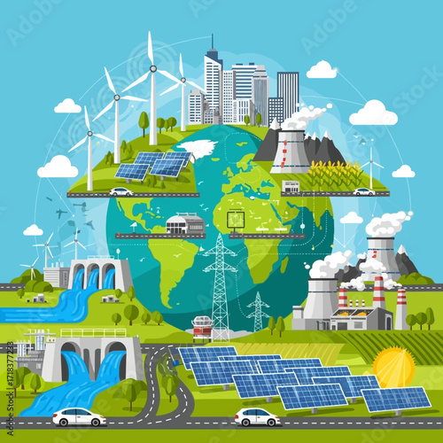 Sustainable future showcasing green energy solutions powering earth with solar panels, wind turbines, hydroelectric dams, and nuclear plants promoting eco friendly resources