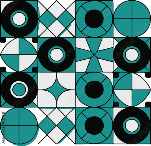 decorative geometric art pattern seamless vector background teal black white grid shapes