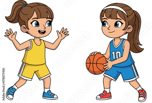 Cartoon girls playing basketball in sports uniforms, active children teamwork, fun outdoor activity, youth competition, school game, vector illustration