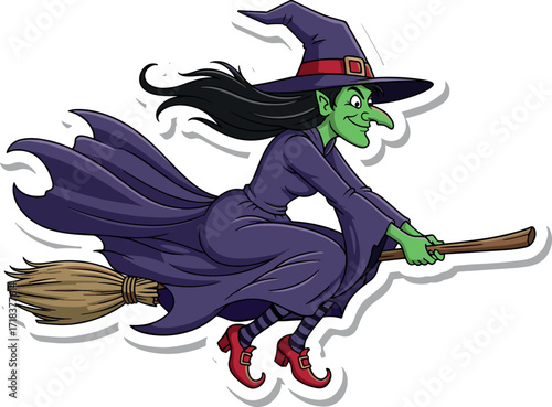 Cartoon green witch flying on broomstick with purple outfit, Halloween character illustration, spooky fantasy magic vector for stock content