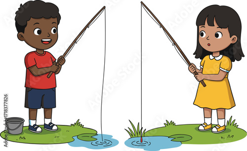 Smiling children fishing at pond, boy and girl holding fishing rods, fun outdoor activity, cartoon kids enjoying nature, summer holiday adventure