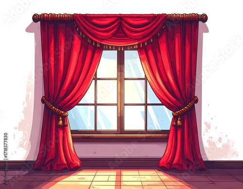 Red curtains in a window