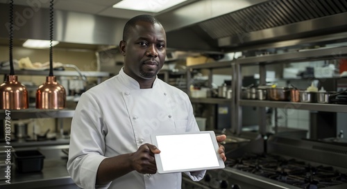 Professional African American Chef Holding a Blank Digital Tablet in a Modern Commercial Kitchen for Culinary Tasks