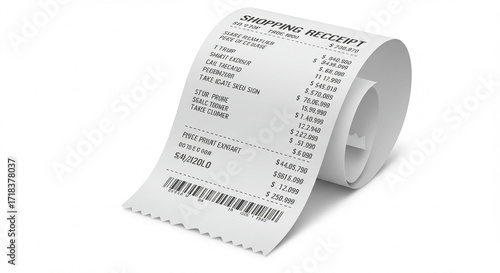 High-Resolution 3D Render of a Detailed Shopping Receipt:  Curled Paper with Itemized Purchases, Prices, and Barcode - Ideal for Finance, Accounting, and E-commerce Concepts.  Perfect for illustrat...