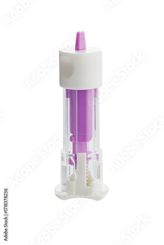 Medical scarifier isolated on white background. Automatic lancet scarifier for painless blood sampling. Blood test.