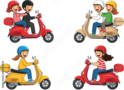 Cartoon scooter riders in colorful outfits and helmets, riding in pairs on vibrant scooters, fun transportation vector for lifestyle themes.