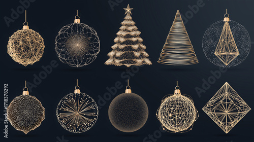 A set of Christmas balls designed with lines, triangles, tree and particles glowing beautifully against a dark background, creating a festive modern look.
