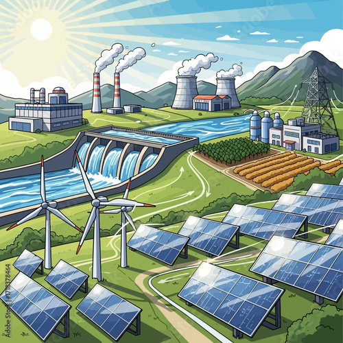 Sustainable energy landscape with solar panels, wind turbines, hydro dam, and nuclear plant, a modern future with clean power generation for global energy needs
