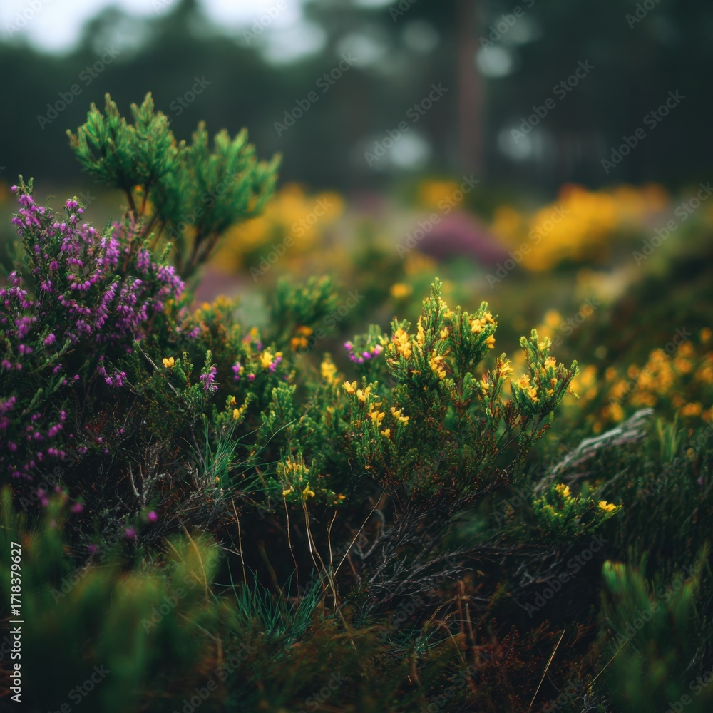 Obraz premium A Scenic View of Vibrant Wildflowers and Lush Greenery Amidst a Misty Forest Landscape Evoking Natural Serenity and Tranquility
