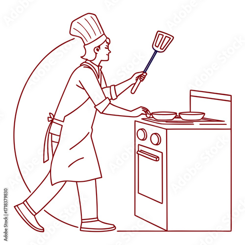 Vector art of a chef cooking in a kitchen, stirring food in pans on a stove, the chef is wearing a tall hat and apron, showcasing their culinary skills with a spatula in hand