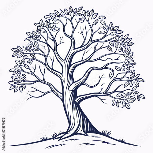 Vector art of a detailed sketch of a large, leafy tree with intricate branches and a sturdy trunk, standing on a small hill, the drawing captures the essence of nature and growth