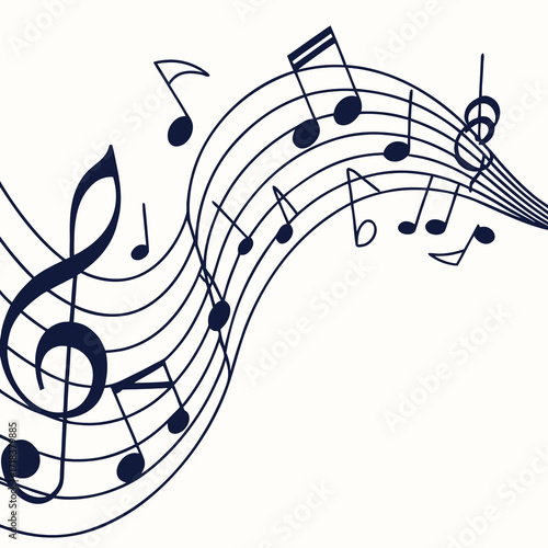 Vector art of a flowing arrangement of musical notes and staves in dark blue on an, creating a dynamic and rhythmic visual representation of music and melody