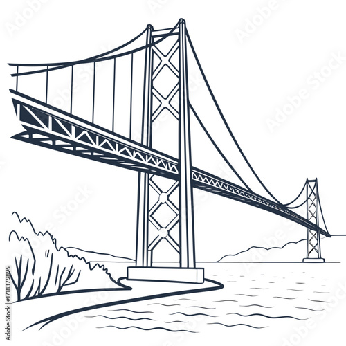 Vector art of a line drawing of a suspension bridge over water, with hills in the background, the bridge is drawn in a simple, minimalist style, with clean lines and no shading