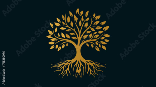 Stylized golden tree with leaves and roots against dark teal background