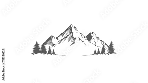 Monochrome mountain range with shaded peaks and conifer trees on either side