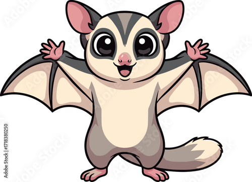 Cute sugar glider cartoon character with wide arms showing gliding membrane, standing pose, big eyes, bushy tail, vector illustration