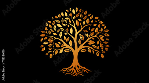 Stylized golden tree with lush leaves and roots on a black background, artistic effect
