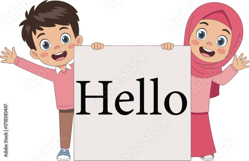 Happy Muslim Boy and Girl Holding a Blank Signboard with "Hello" Text, Diverse Kids, Flat Vector Illustration