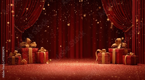 A Welcoming Stage Adorned with Glittering Gifts and Opulent Red Drapery, Perfect for Celebratory Occasions and Holiday Cheer