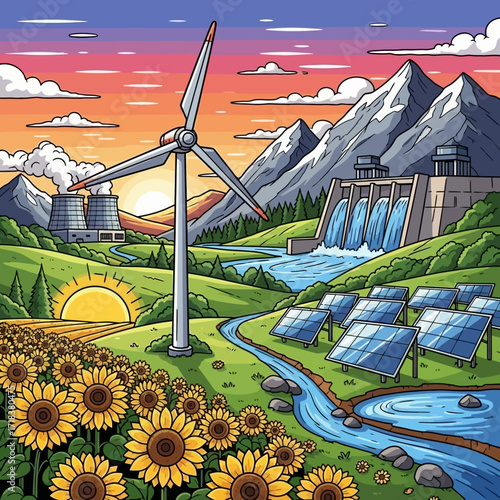 Sustainable future vision with wind turbine, solar panels, and sunflowers under a vibrant sunset, powering a green world for generations to come