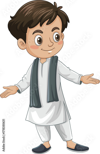 Cute Little Indian or Pakistani Boy in Traditional Kurta Pajama and Scarf, Flat Vector Illustration