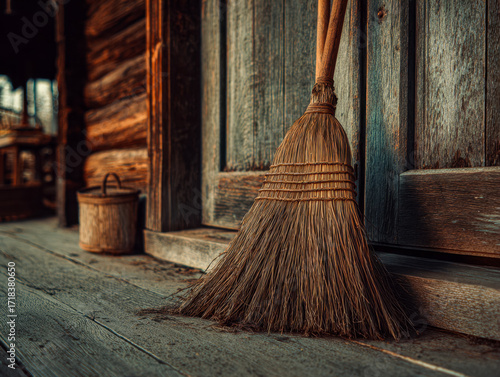 Wallpaper Mural Rustic broom and wooden cabin exterior scene Torontodigital.ca