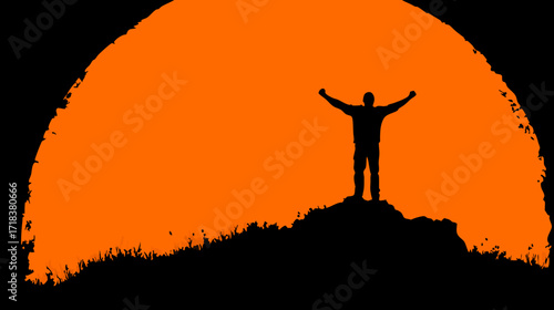 Silhouette of person atop hill, arms raised against an orange sunrise/sunset background