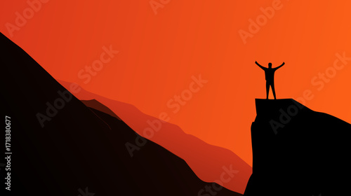Silhouette of a person with arms raised on cliff, against a gradient red and black mountainscape