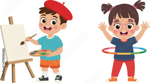 Creative Boy Painting on Canvas and Happy Girl Playing with Hula Hoop, Kids Hobbies and Activities, Flat Vector Illustration