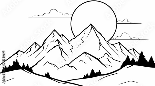 Line art landscape of mountains with evergreen trees silhouetted against rising sun