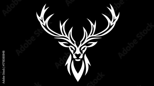 White stylized deer head with large antlers against a black background