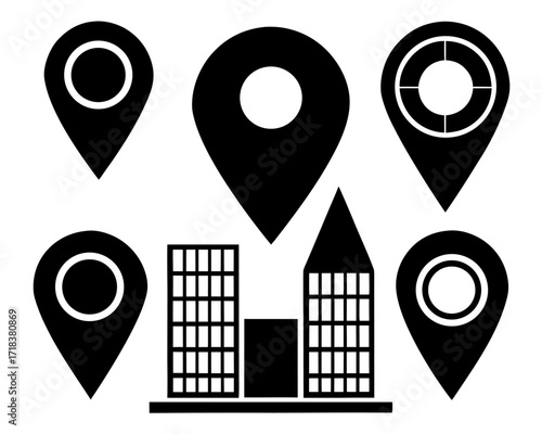 Location Icons: Map Pins & City Buildings Illustration