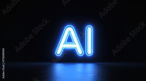 Illuminated AI in neon glows in darkness, symbolizing innovation. A conceptual visualization of artificial intelligence, capturing the essence of the future. Stock Image.