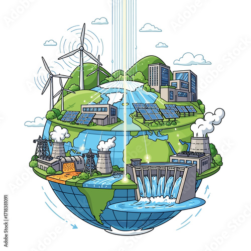 Promote a sustainable future with this illustration of renewable energy sources like wind turbines, solar panels, and hydroelectric dams powering the world