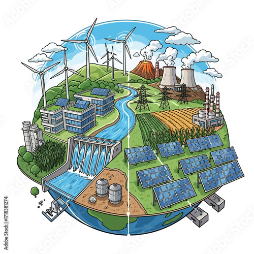 Vibrant illustration showing sustainable energy sources and environmental responsibility on a thriving planet for eco-conscious brands today