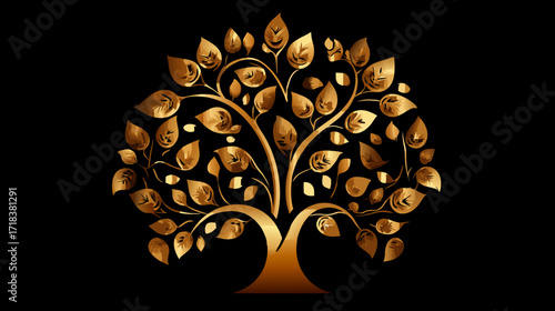 Stylized golden tree with teardrop leaves on a black background