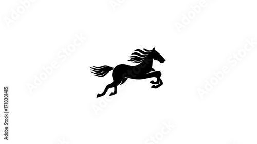 Black silhouette of a horse leaping on a white background, mane flowing freely