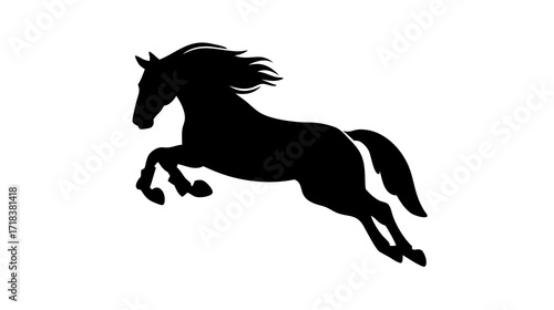 Rebellious horse silhouette leaping against a stark white background, free-spirited