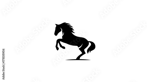 Rearing black horse silhouette on white background, majestic, powerful, and dynamic