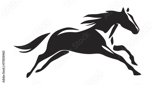 Black vector silhouette of a horse galloping energetically with white background