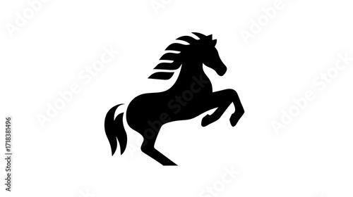 Bold silhouette of a rearing horse with flowing mane and tail on a white backdrop
