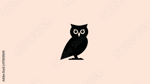 Silhouette of black owl with large eyes, set against a pale peach-colored background