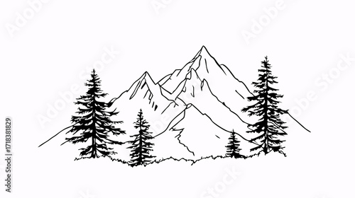 Stark monochrome drawing features mountainous terrain framed by evergreen trees
